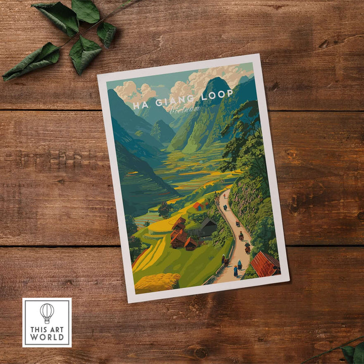 Ha Giang Loop Vietnam travel poster featuring motorbikes in lush valley and mountain scenery.