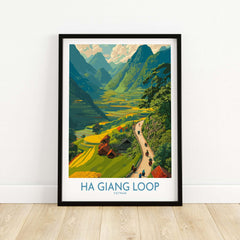 Vietnam Ha Giang Loop Village Poster Mountain Valley Print Motorbike Travel Wall Art featuring lush valleys and motorbike travelers.