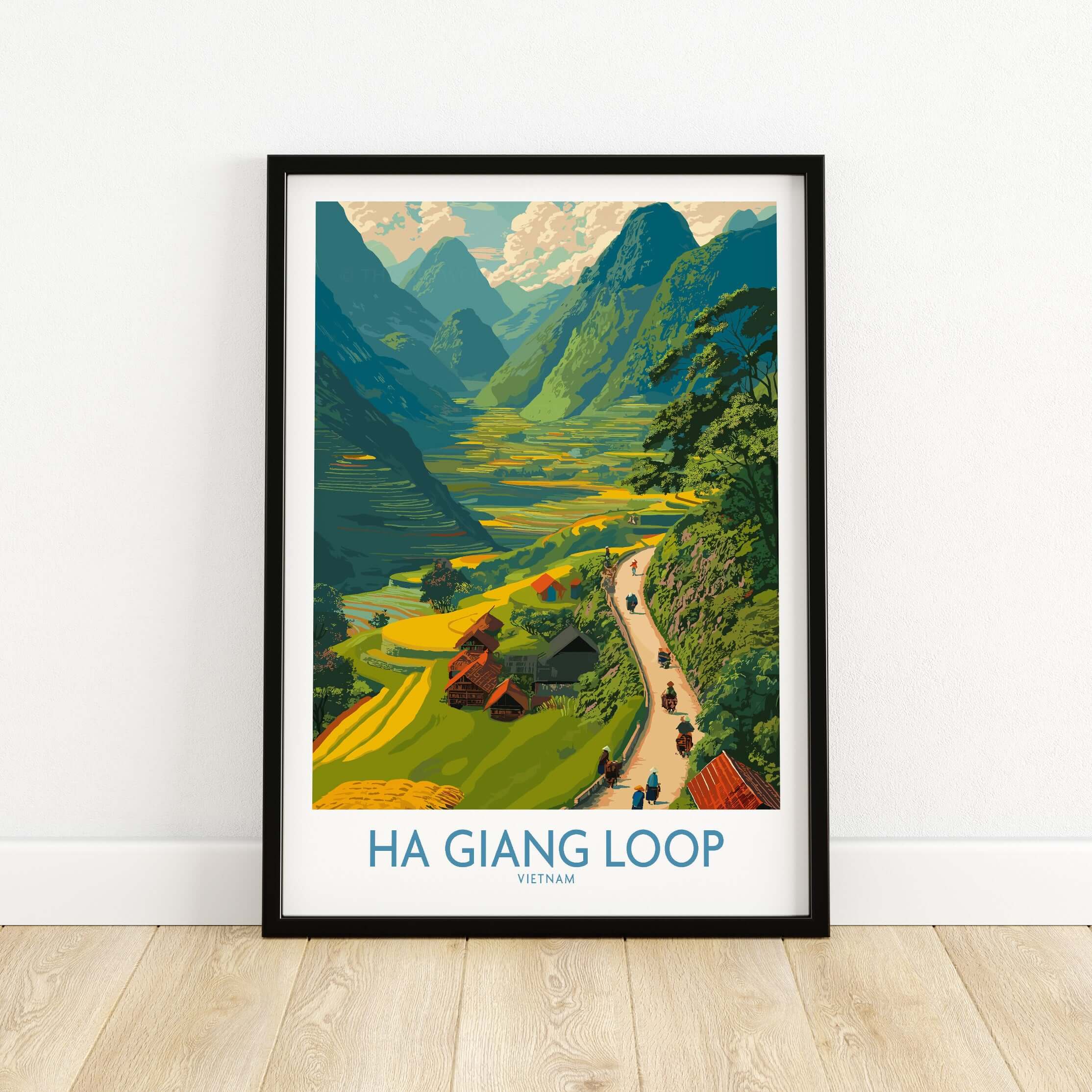 Vietnam Ha Giang Loop Village Poster Mountain Valley Print Motorbike Travel Wall Art featuring lush valleys and motorbike travelers.