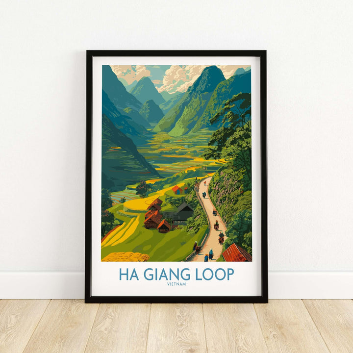 Ha Giang Loop travel poster featuring vibrant valley, motorbikes, and stunning mountains in Vietnam.