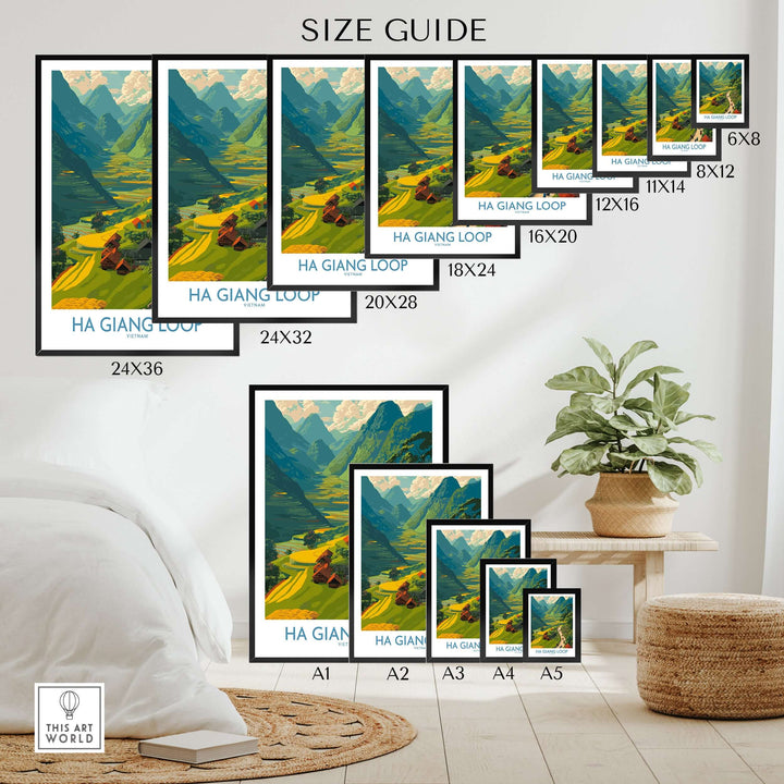 Ha Giang Loop Vietnam travel poster size guide showcasing various print sizes in an indoor decor setting.