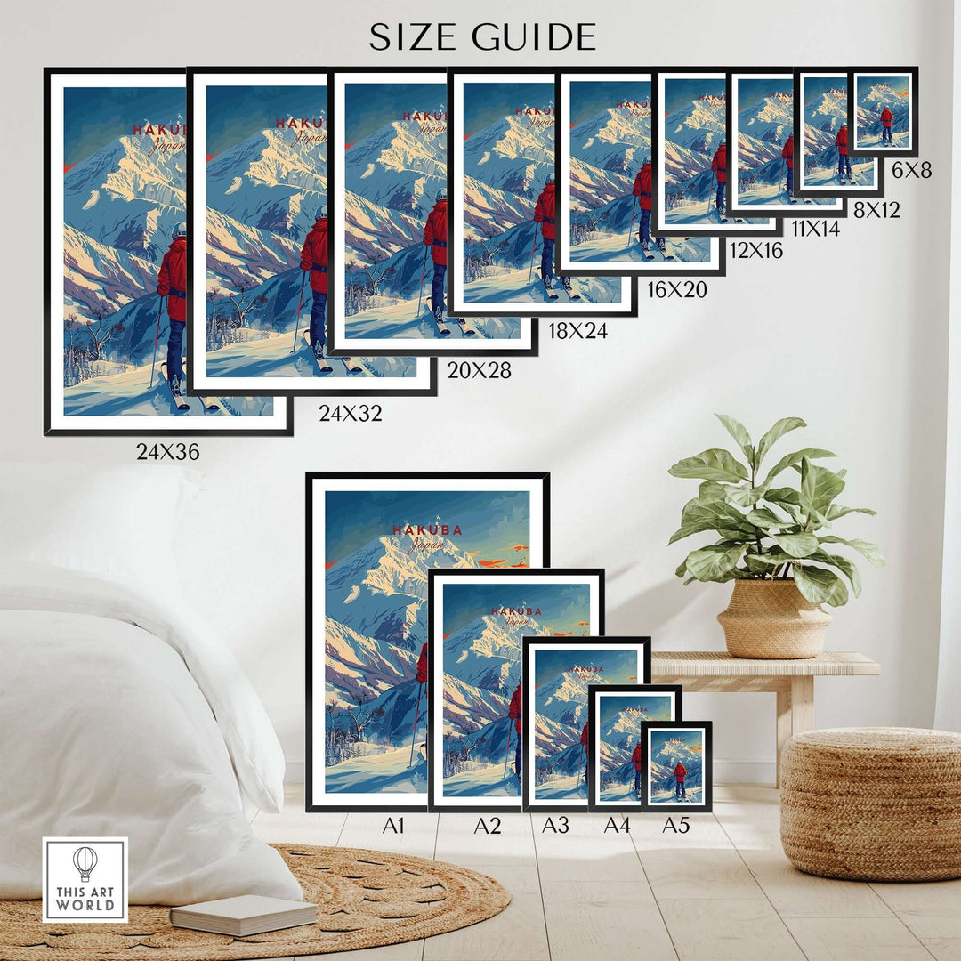 Hakuba Ski Poster size guide with various dimensions displayed in a cozy room setting, showcasing snowy mountain artwork.