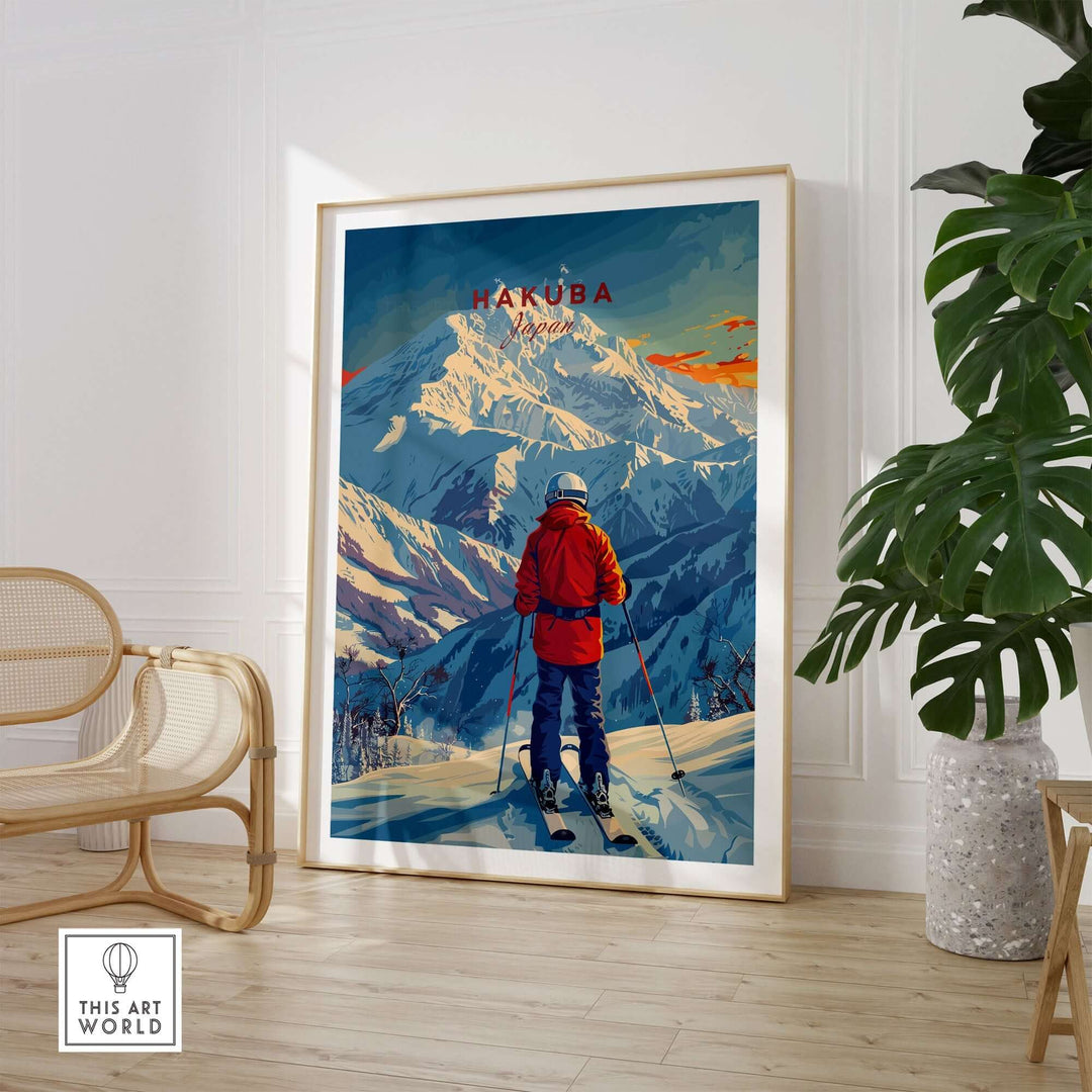 Hakuba Ski Poster featuring skier in red jacket with scenic mountain backdrop, displayed in elegant indoor setting.