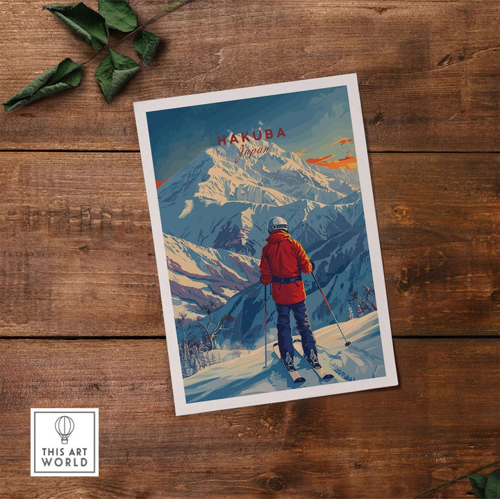 Hakuba ski poster featuring skier on snowy mountain, vibrant sunset, and rustic wooden background for decor.