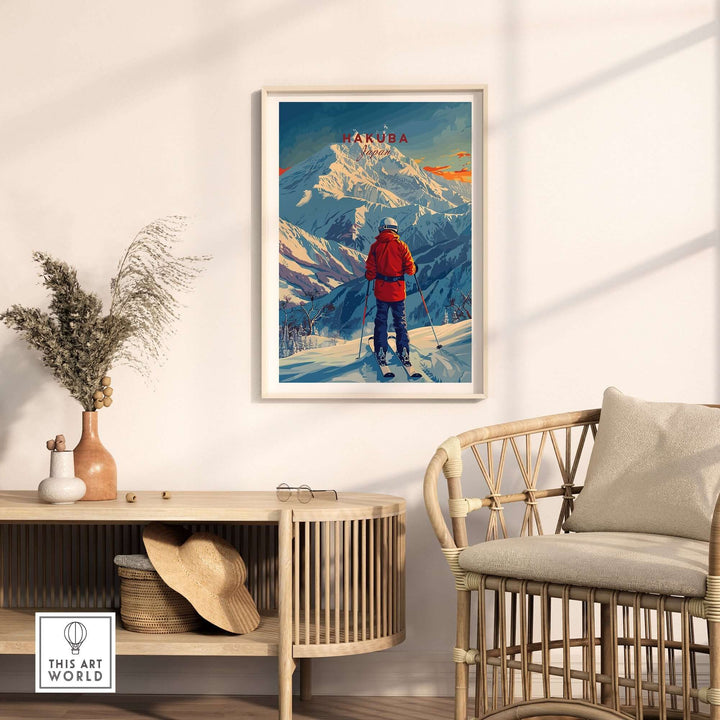 Vintage Hakuba ski poster in elegant living room setting, featuring skier on snowy mountain under vibrant sky.