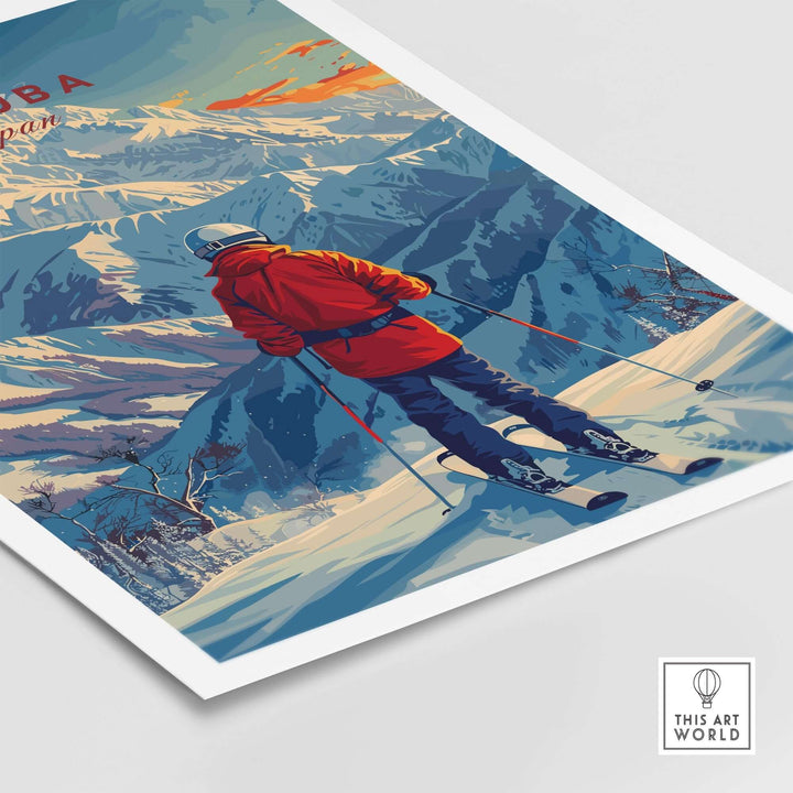 Vintage Hakuba ski poster depicting a skier in red against snowy mountains, perfect for winter sports enthusiasts and art lovers.