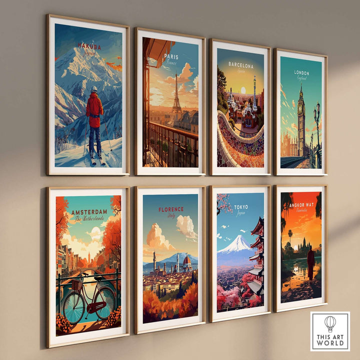 Collection of travel posters featuring iconic landmarks and scenic views of cities like Hakuba, Paris, Barcelona, and more.