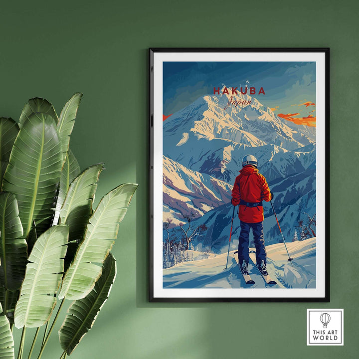 Vintage Hakuba ski poster featuring skier in red jacket on snowy mountain, vibrant colors, framed and hung on a green wall.