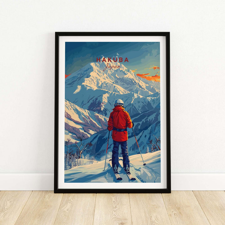 Vibrant Hakuba ski poster featuring a skier in a red jacket overlooking snowy mountains, perfect for winter sports enthusiasts.