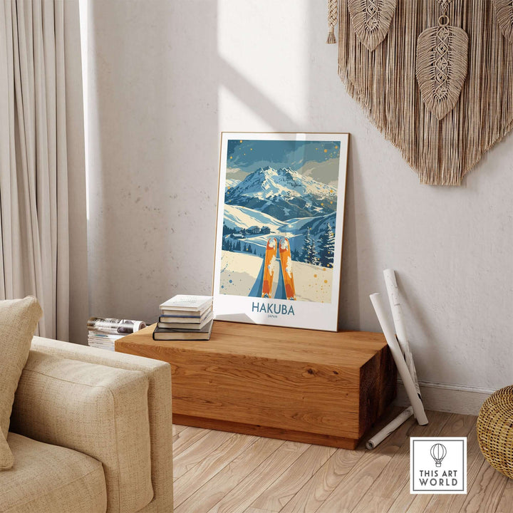 Hakuba Ski Print displayed in a cozy living room, showcasing stunning mountain landscapes and winter vibes.