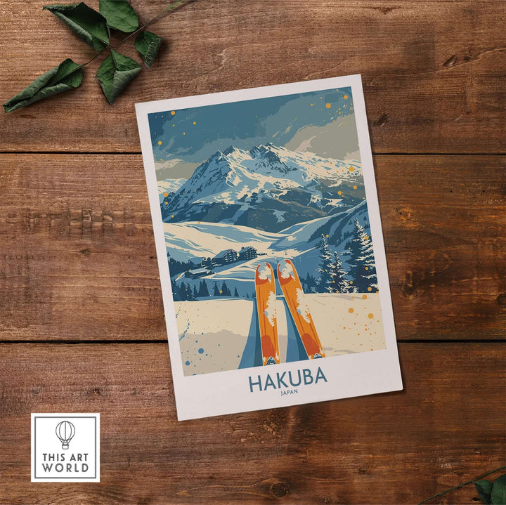 Hakuba ski print featuring stunning mountain scenery and skis, perfect for winter sports enthusiasts.