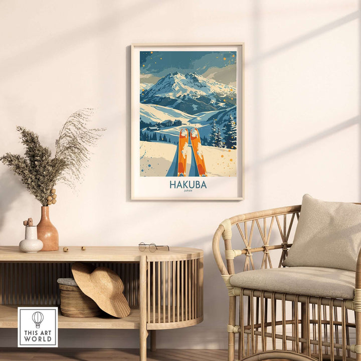 Hakuba Ski Print featuring majestic mountains, perfect for winter sports enthusiasts and home decor.