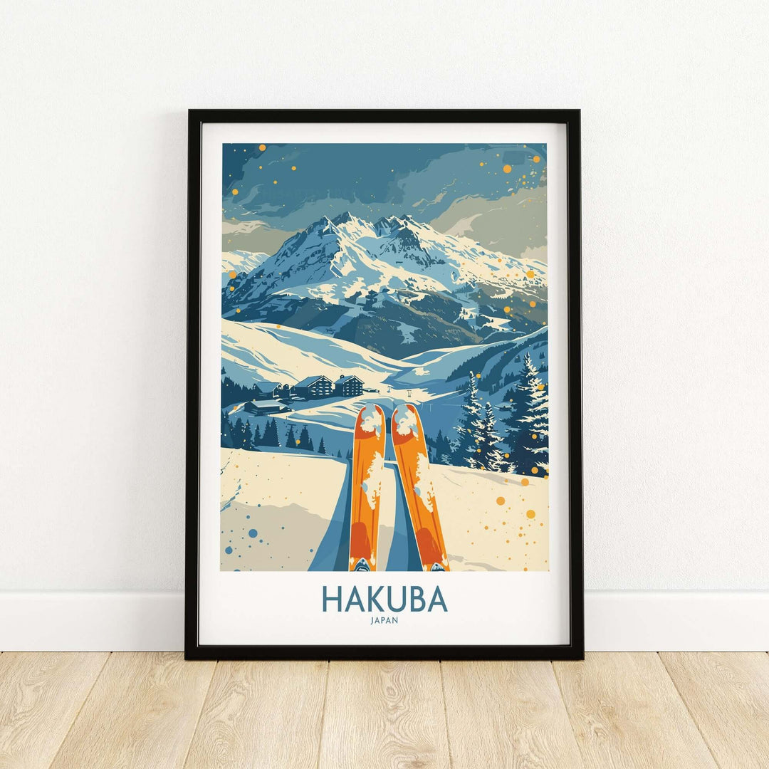 Hakuba Ski Print featuring vibrant mountains and skis, perfect for winter sports lovers and home decor enthusiasts.