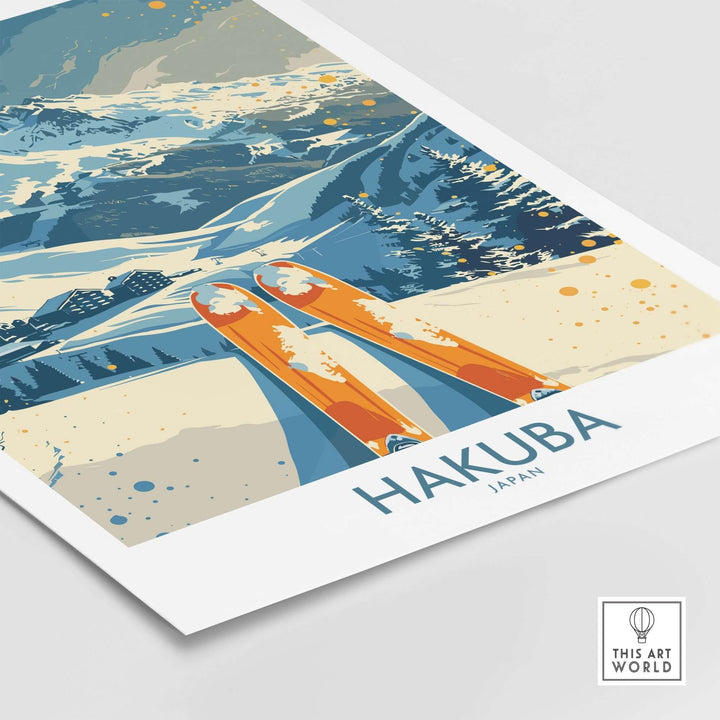 Hakuba Ski Print featuring vibrant skis and stunning mountain landscape, perfect for winter sports decor.