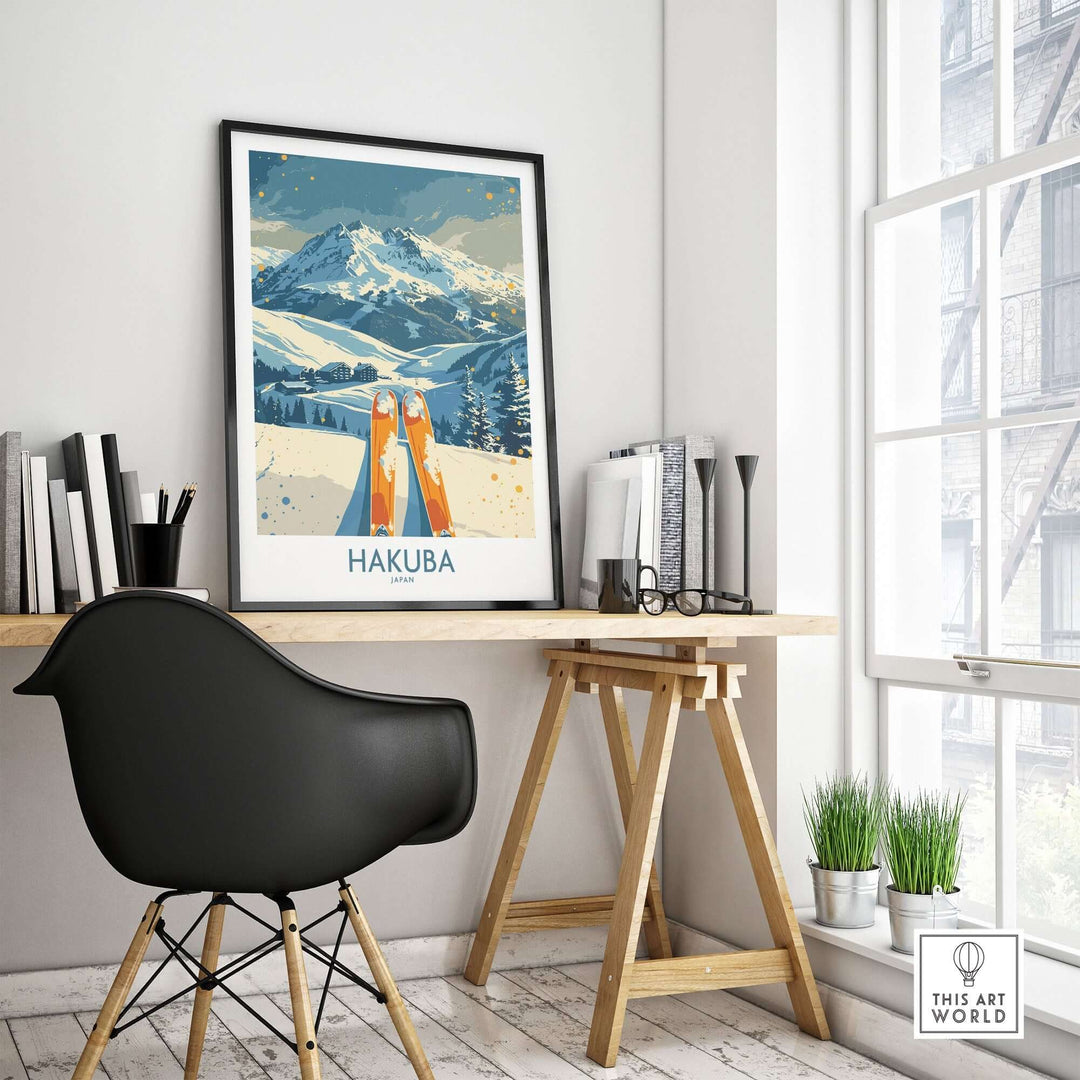 Hakuba ski print featuring stunning mountain scenery, displayed in a modern home office setting with stylish decor.