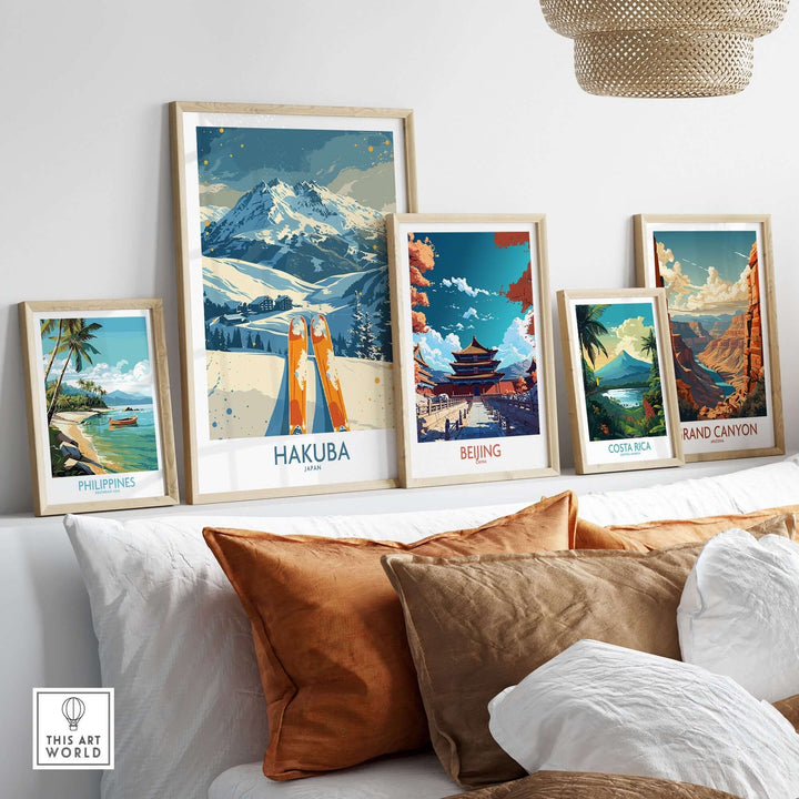 Hakuba ski print framed alongside travel posters of the Philippines, Beijing, Costa Rica, and the Grand Canyon.