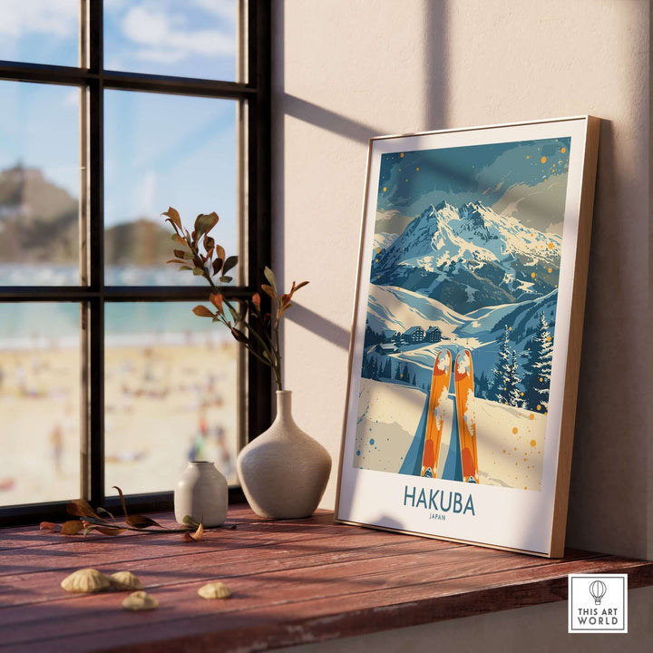 Hakuba ski print showcasing stunning mountain landscapes in a stylish home setting, perfect for winter sports enthusiasts.