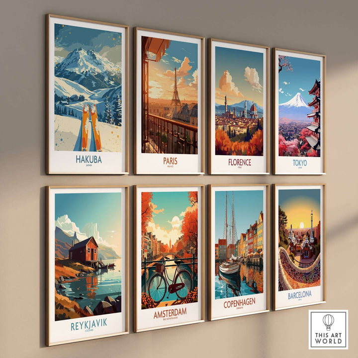 Framed travel prints featuring iconic locations including Hakuba, Paris, Florence, Tokyo, Reykjavik, Amsterdam, Copenhagen, and Barcelona.