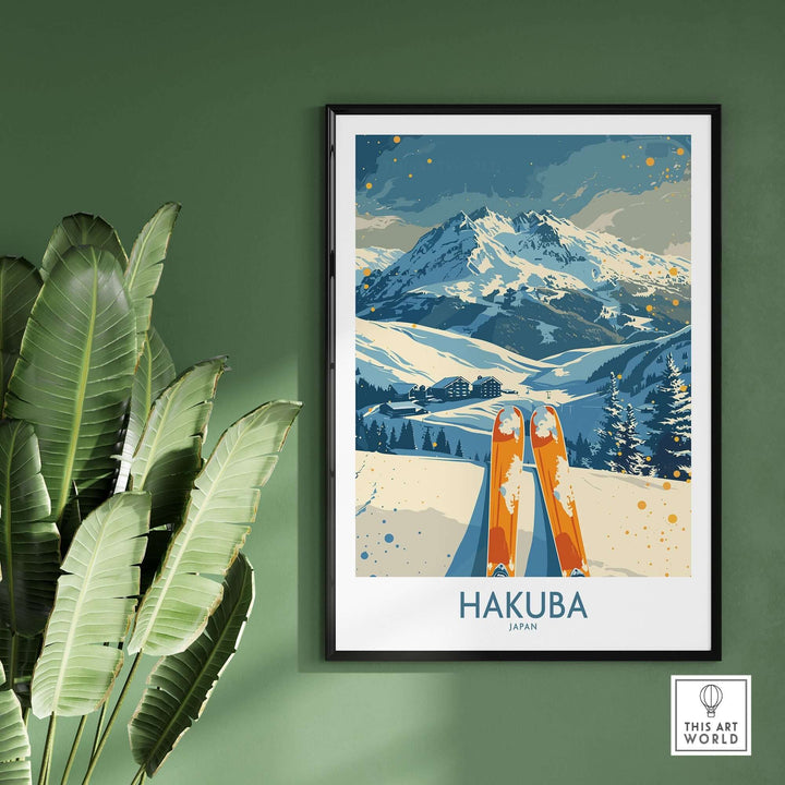 Hakuba Ski Print featuring mountains and skis, showcasing Japan's winter sports beauty and adventure decor.