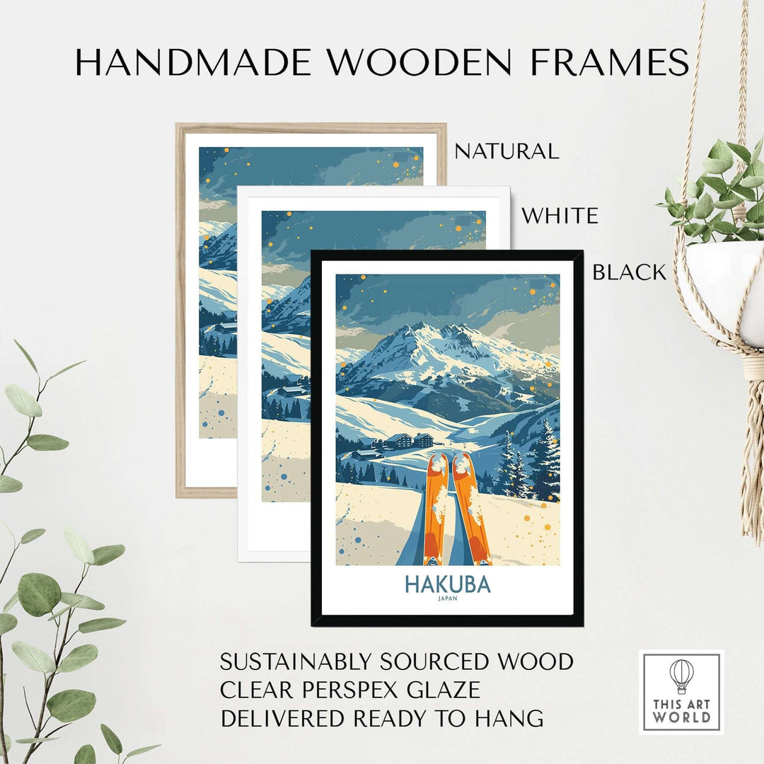 Handmade wooden frames in natural, white, and black for Hakuba Ski Print, sustainably sourced and ready to hang.