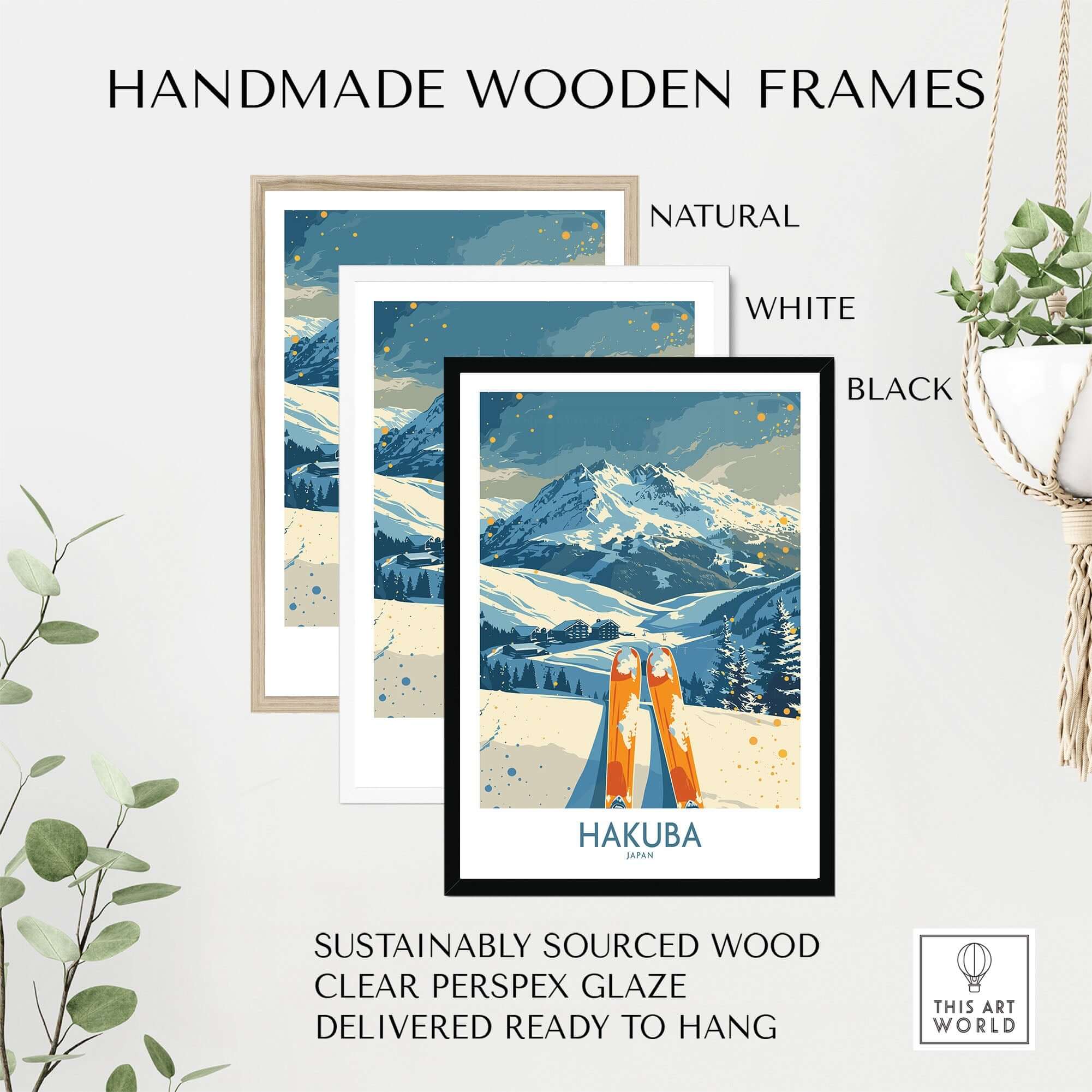 Handmade wooden frames in natural, white, and black for Hakuba Ski Print, sustainably sourced and ready to hang.