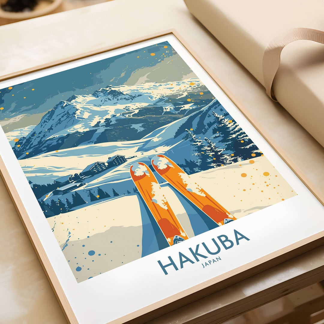 Hakuba ski print featuring vibrant mountain scenery and skis, perfect for winter sports enthusiasts and home decor.