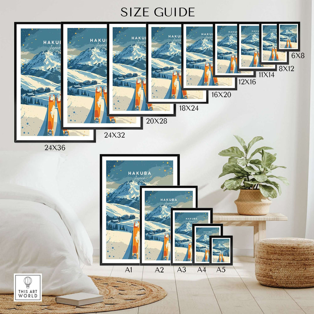 Size guide for Hakuba travel poster with various frame sizes displayed in a stylish interior setting.