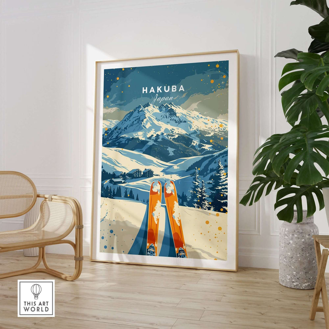 Hakuba Travel Poster featuring a ski scene and snow-capped mountains, perfect for bringing the spirit of Japan into your home.