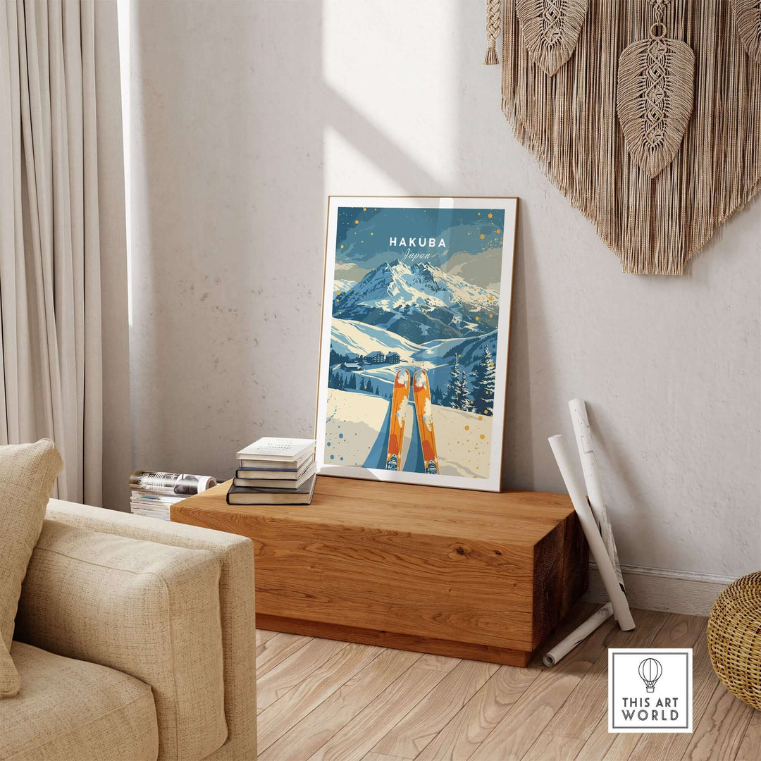 Hakuba travel poster showcasing a snowy ski scene, perfect for inspiring adventure and decor in homes or offices.