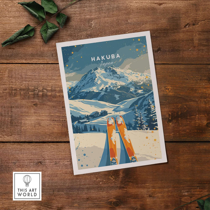 Hakuba travel poster showcasing a ski scene with mountains, perfect for inspiring adventures in Japan.