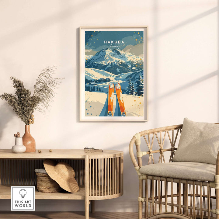 Hakuba travel poster featuring a ski scene and mountain backdrop, perfect for home decor and inspiration for adventure in Japan.