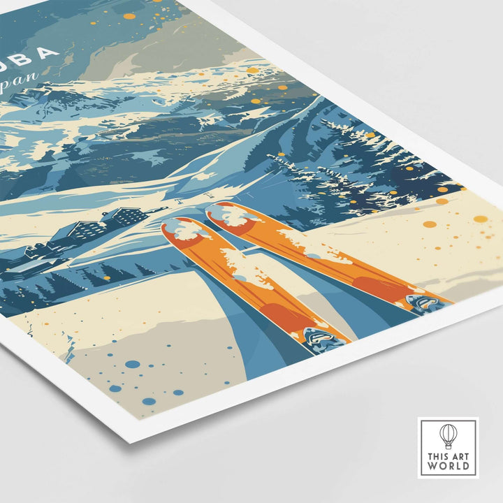 Hakuba Travel Poster featuring dynamic ski scene against snowy mountains, showcasing adventure and beauty of Japan.