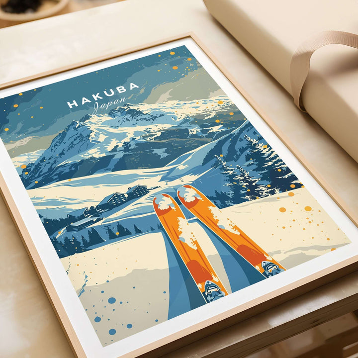 Hakuba travel poster featuring a ski scene with vibrant colors and snowy mountains, capturing the thrill of Japan's winter sports.