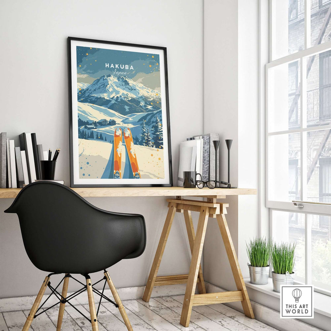 Hakuba Travel Poster showcasing a ski scene in a modern office setting, perfect for winter sports enthusiasts.