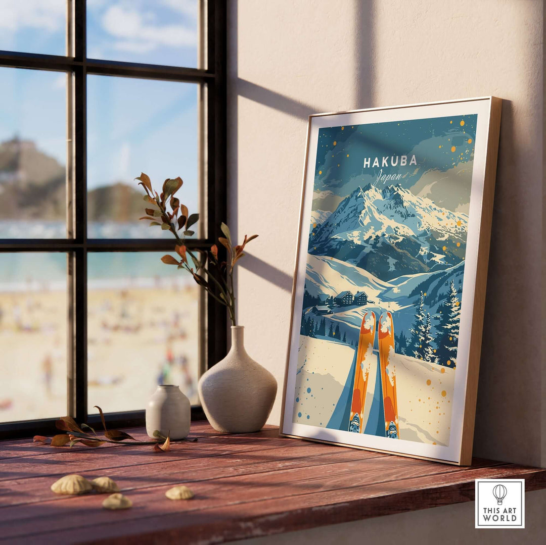 Hakuba travel poster showcasing a ski scene in Japan, displayed in a bright interior with plants and a cozy vibe.