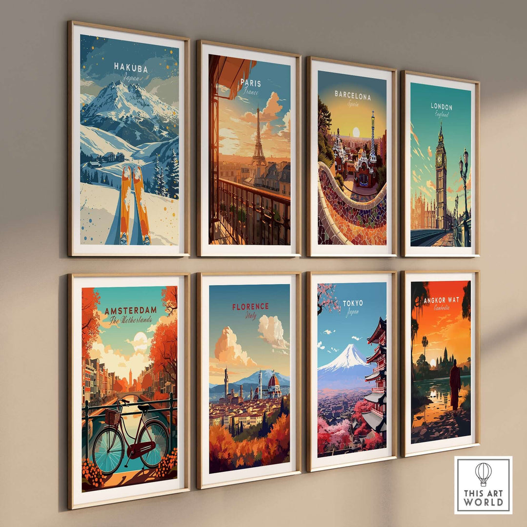 A collage of travel posters featuring Hakuba, Paris, Barcelona, London, Amsterdam, Florence, Tokyo, and Angkor Wat on a wall.