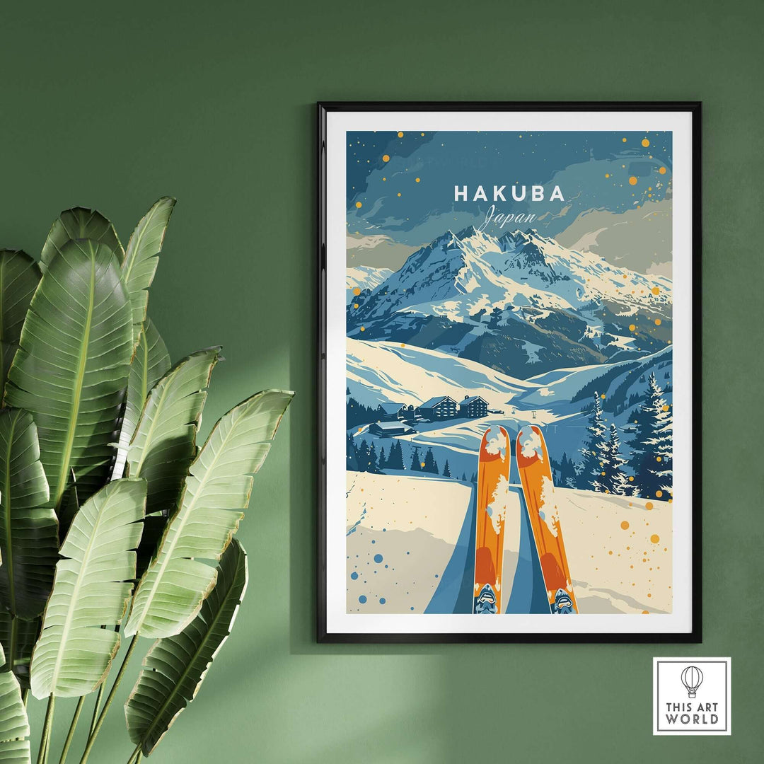 Hakuba Travel Poster featuring a dynamic ski scene in Japan against a snowy mountain backdrop, perfect for wall art decor.