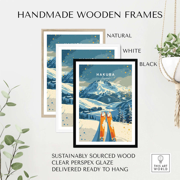 Handmade wooden frames displaying a Hakuba travel poster in natural, white, and black options, ready to hang.