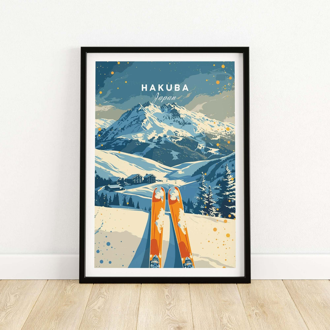 Hakuba travel poster featuring a ski scene in Japan with mountains and skis, perfect for home or office decor.