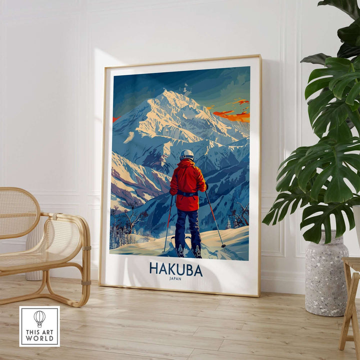 Hakuba Wall Art Print featuring skier in snowy Japanese mountains, framed and displayed in modern interior setting