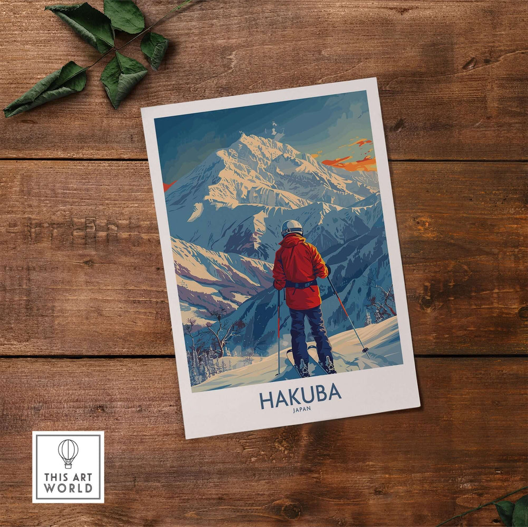 Hakuba Japan wall art print featuring skier and mountain landscape on rustic wooden background