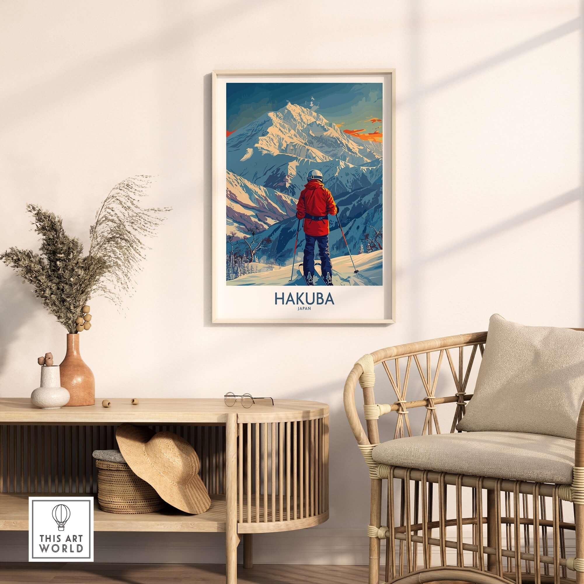 Hakuba wall art print featuring a skier overlooking snowy mountains at sunset, displayed in a modern living room setting.