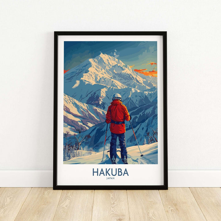 Hakuba Wall Art Print featuring a skier on snowy mountains in Japan, vibrant winter scene with vivid sunset colors.