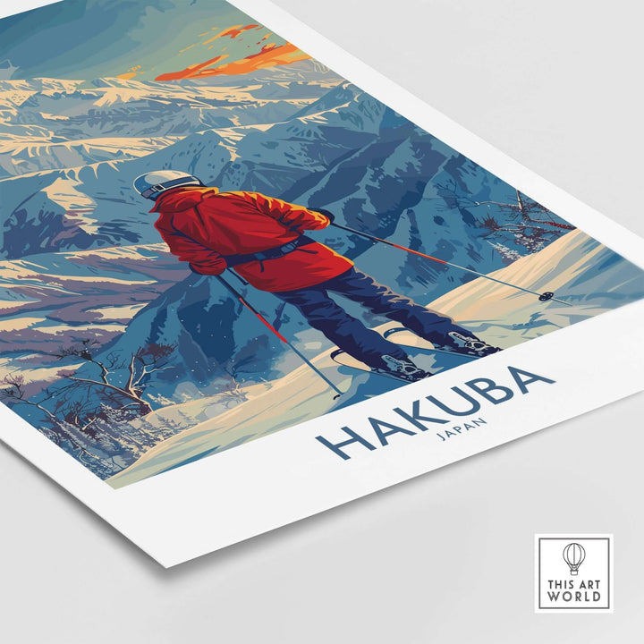 Hakuba Wall Art Print featuring a skier in a red jacket overlooking snowy mountains in Japan. Perfect decor for adventure lovers.