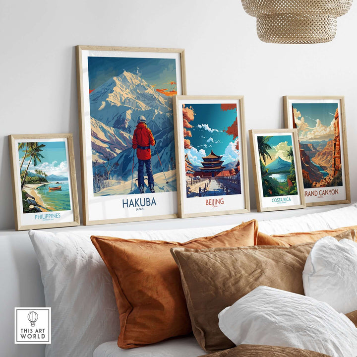 Scenic wall art display featuring Hakuba, Beijing, Philippines, Costa Rica, and Grand Canyon prints in modern frames.