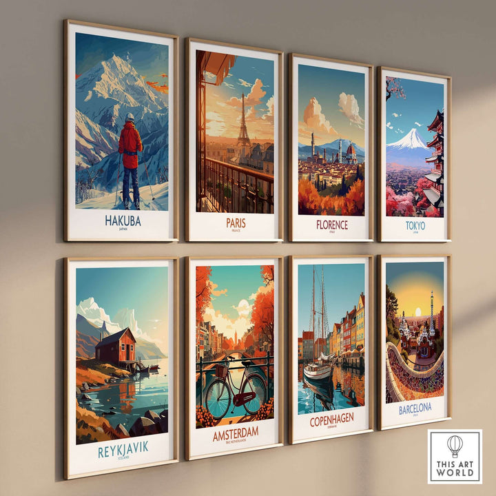 Collection of framed travel-themed wall art prints featuring cities like Hakuba, Paris, Florence, Tokyo, Reykjavik, Amsterdam, Copenhagen, and Barcelona.