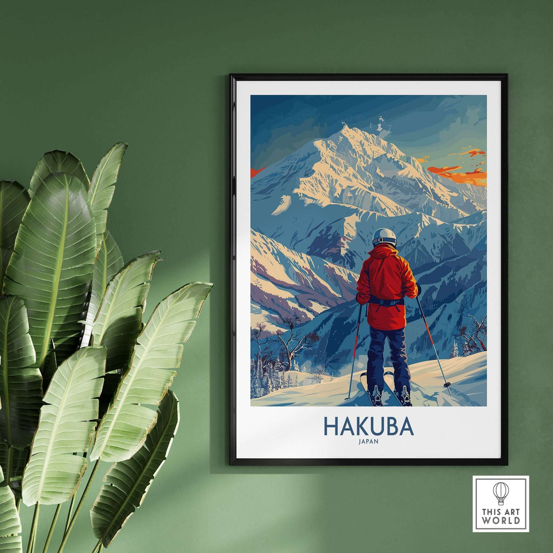 Hakuba Wall Art Print featuring a skier overlooking snow-capped mountains in Japan, displayed on a green wall.