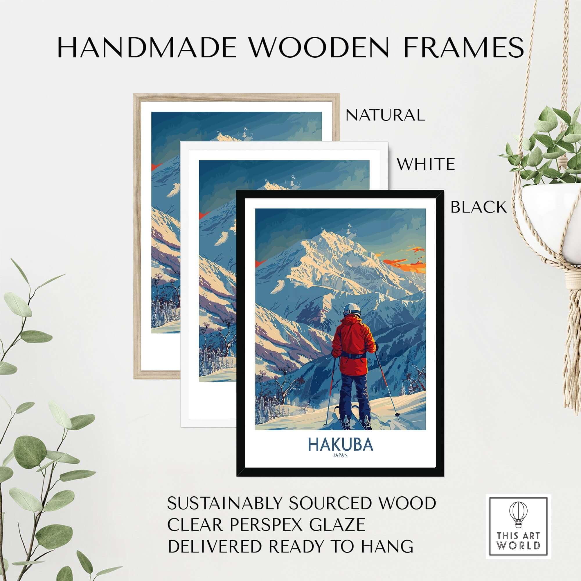 Hakuba Wall Art Print in handmade frames, featuring Japanese mountain scenery. Available in natural, white, and black frames.