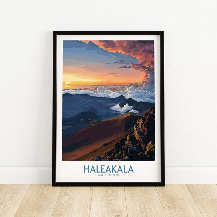 Haleakalā craters poster featuring a vibrant Hawaiian sunrise landscape with clouds and mountains.