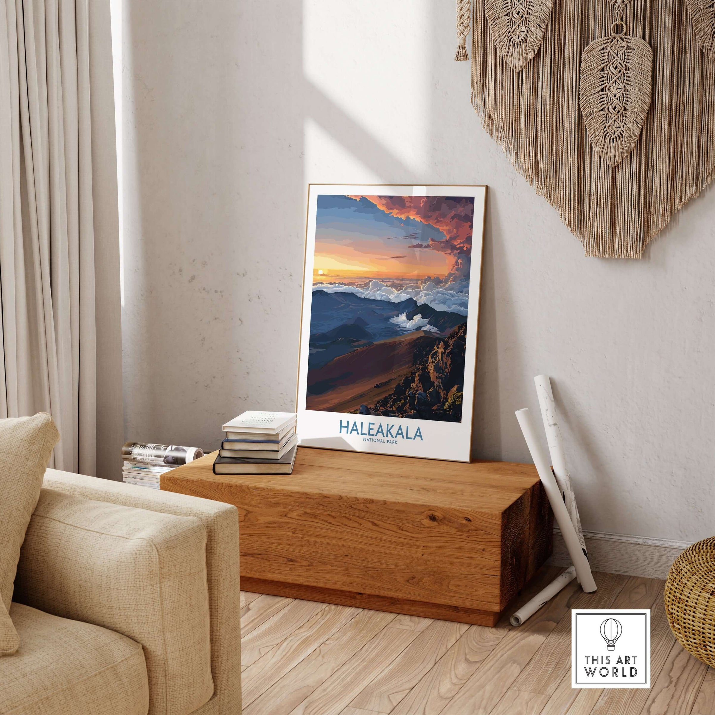 Haleakalā Craters Poster, Hawaiian Sunrise Print, Mountain Wall Decor showcasing a stunning landscape in a stylish living room.